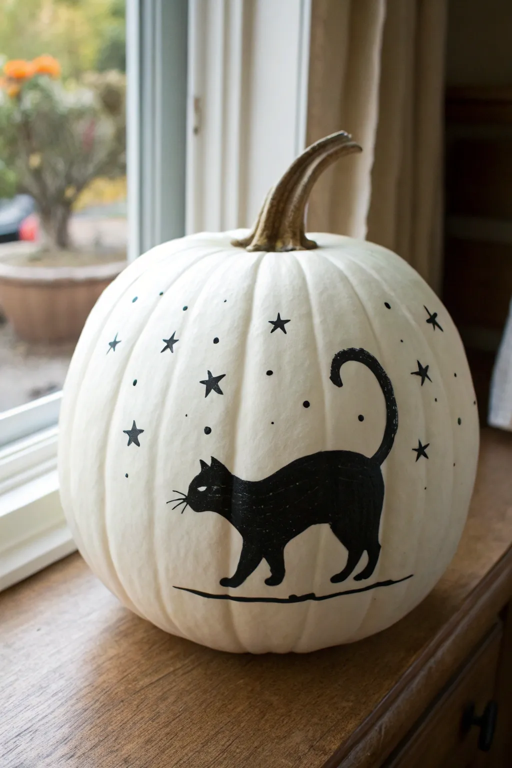 Minimal white pumpkin with matte black cat silhouette, simple stars and whiskers, cozy spooky DIY