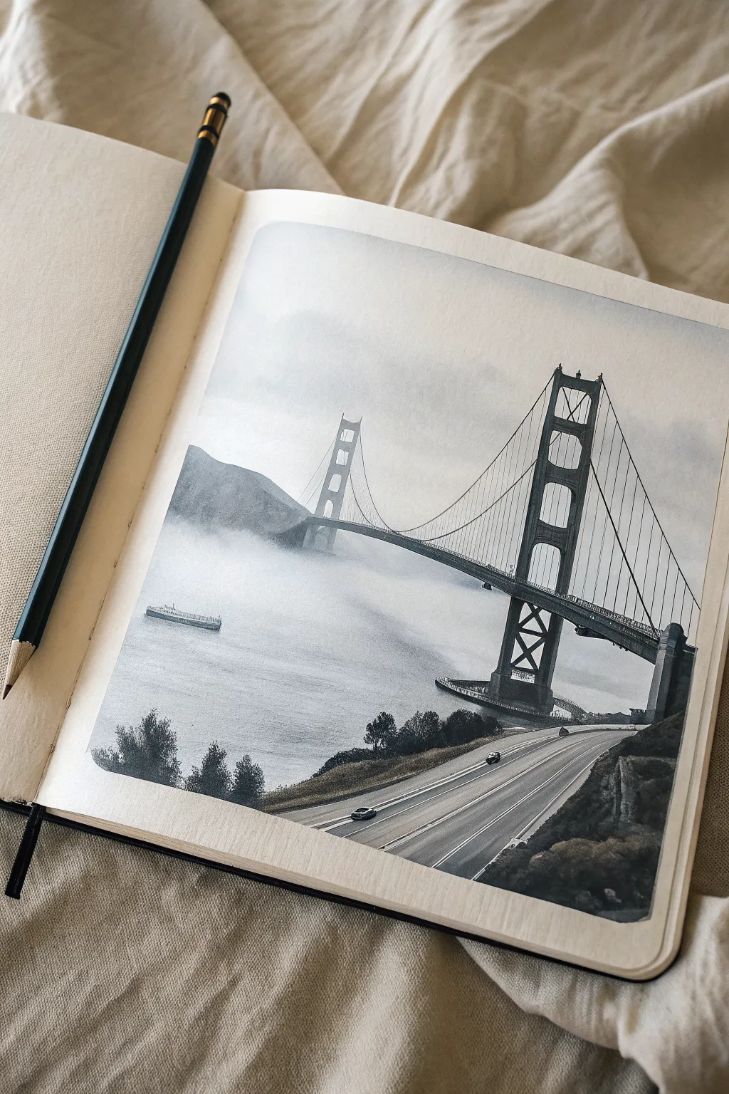 Golden Gate Bridge sketch wrapped in soft coastal fog, calm minimalist California inspiration.