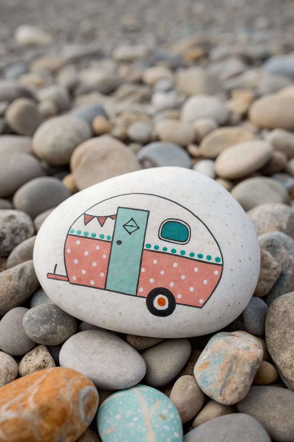 Polka-dot camper rock with a bright door and clean sky stripe, sweet minimalist boho vibe.