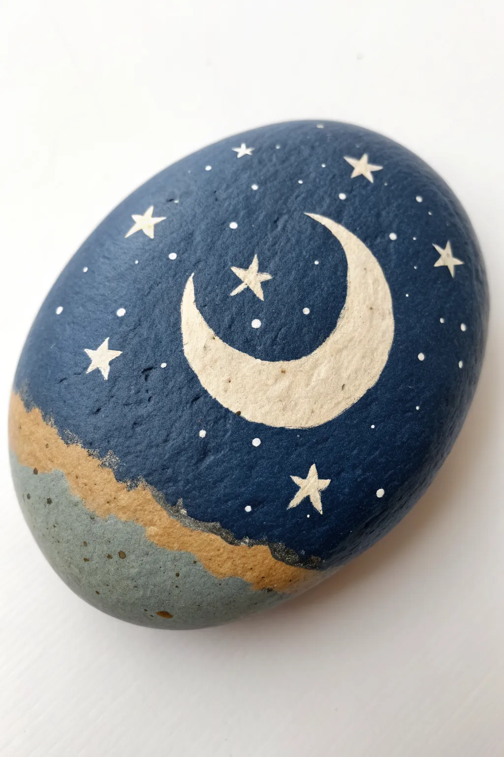 Starry night painted rock with crescent moon, a calm camping craft idea that feels simple and chic