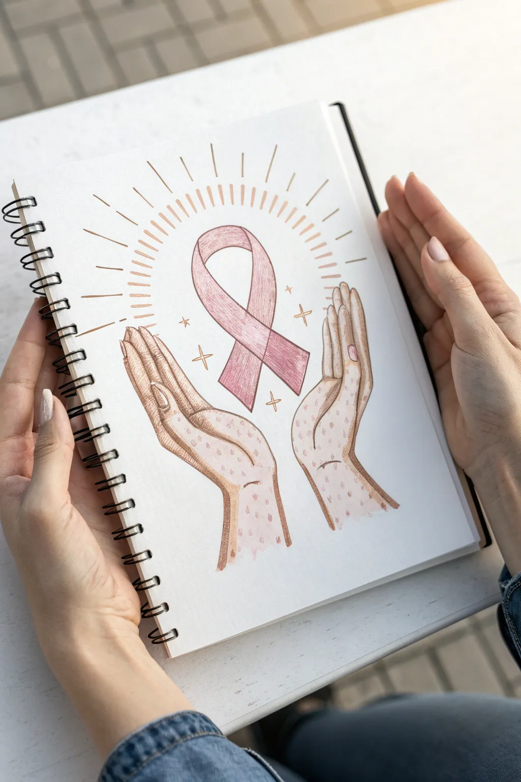 Gentle hands cradle a glowing ribbon, a simple sketch idea for compassionate cancer art.