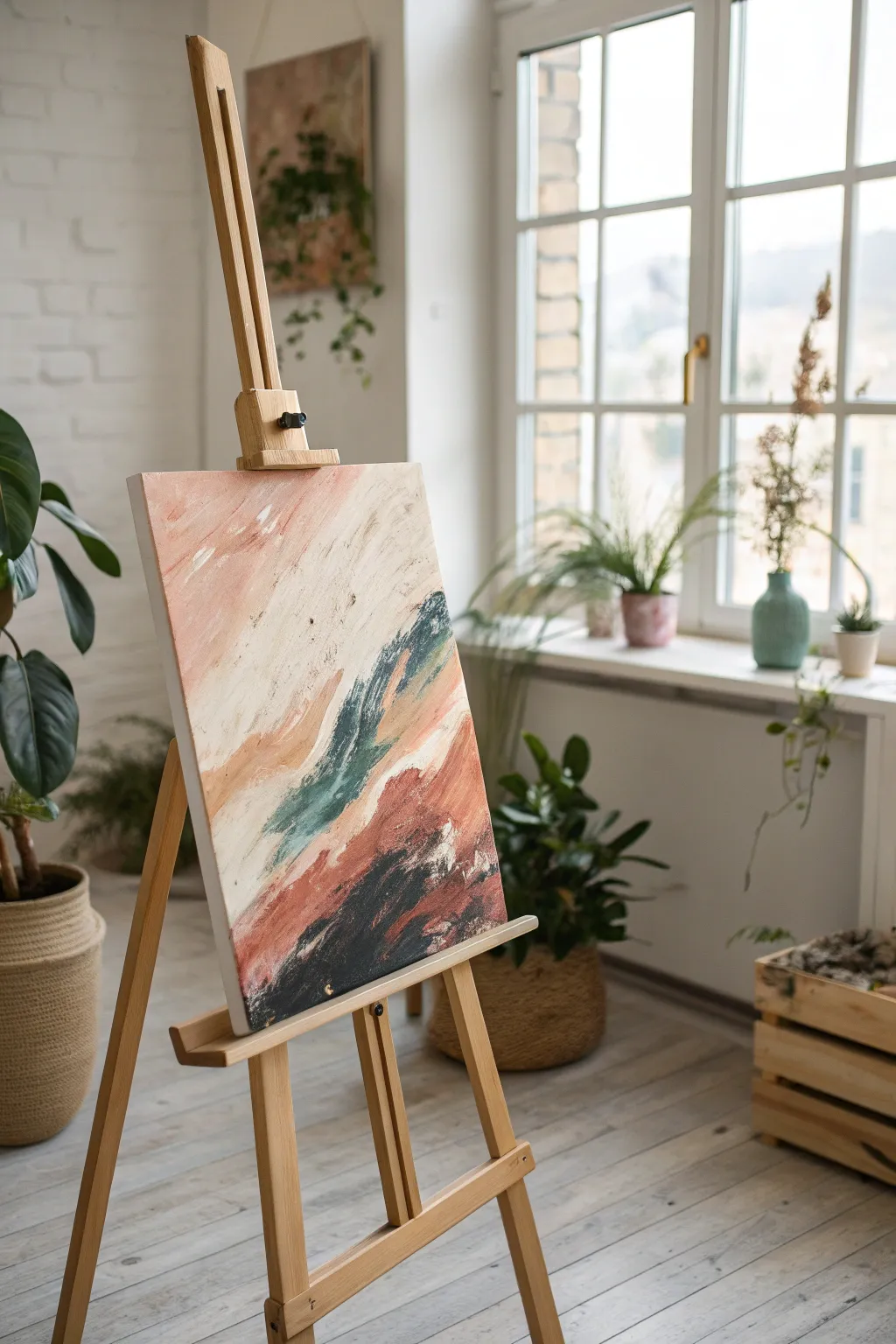 Loose layered brushstrokes in a minimalist studio scene for modern abstract canvas inspiration.