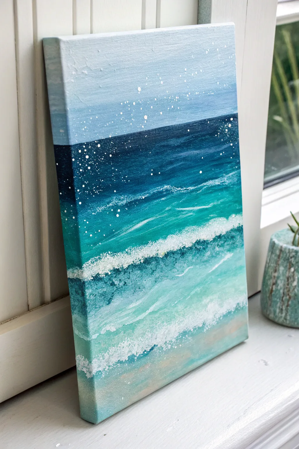 Minimal ocean wave bands on canvas in teal and navy with crisp foam highlights and airy sky