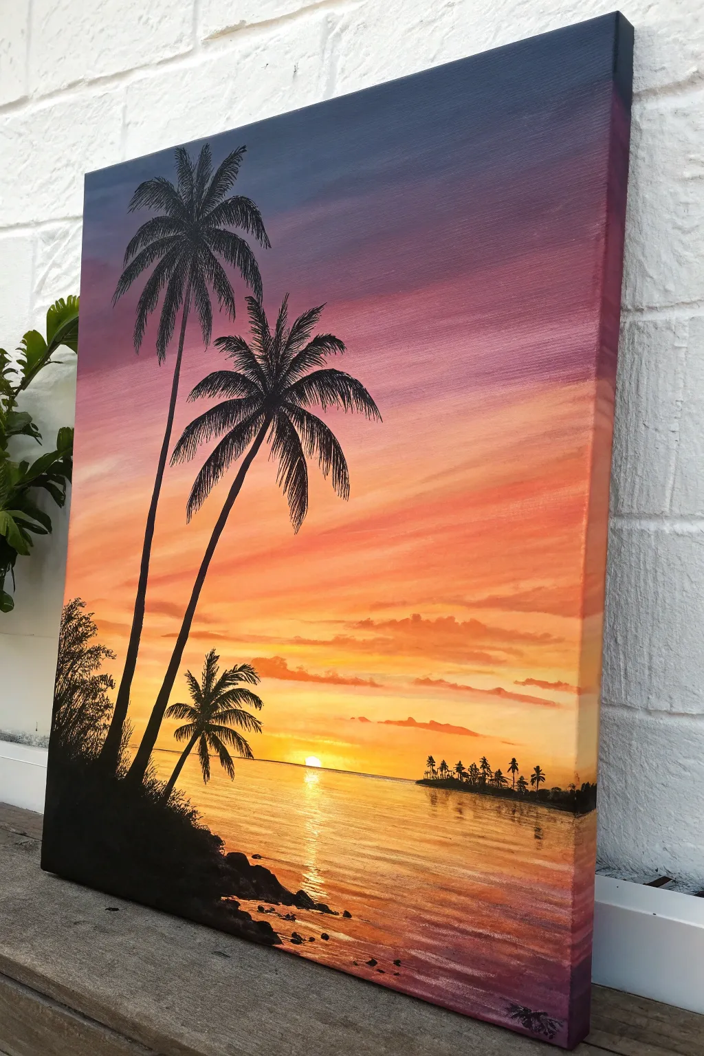 Easy palm tree sunset silhouette canvas idea with a simple water reflection kids can paint