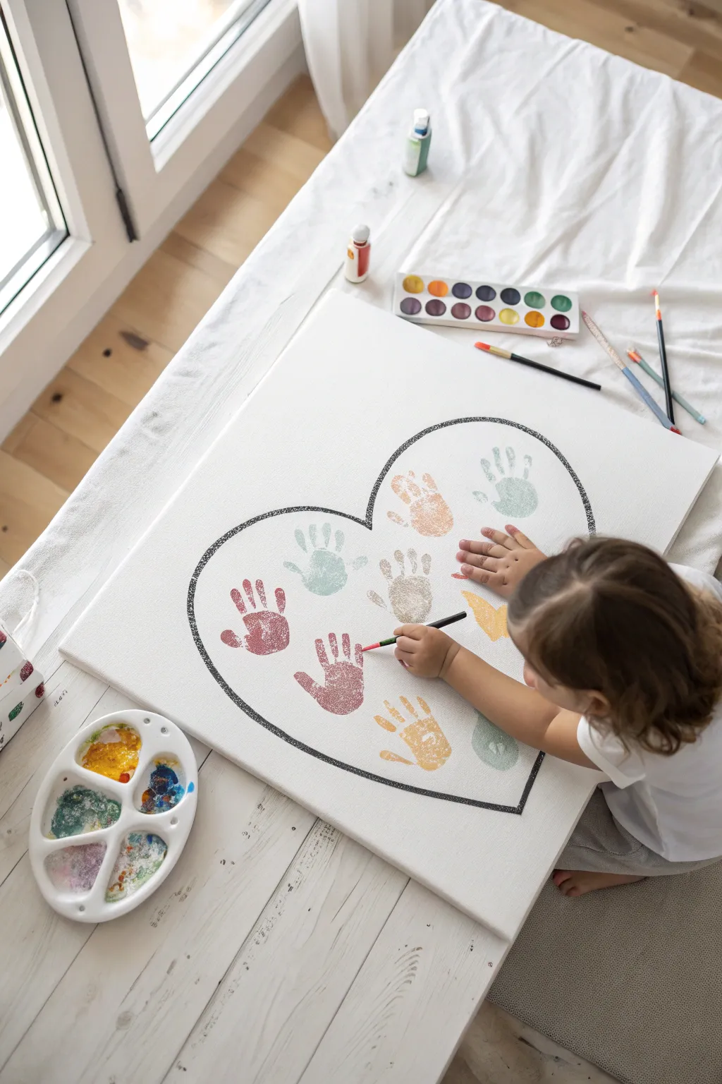 Sweet toddler art: a heart outline filled with colorful fingerprints on a clean, minimalist canvas