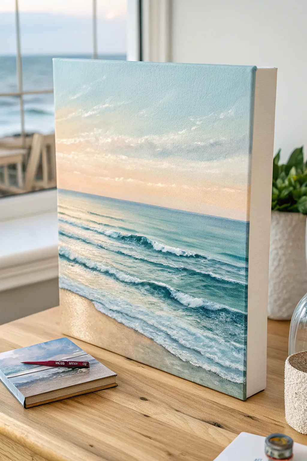 Easy ocean horizon canvas for a beginner friendly painting party, minimalist Scandinavian calm