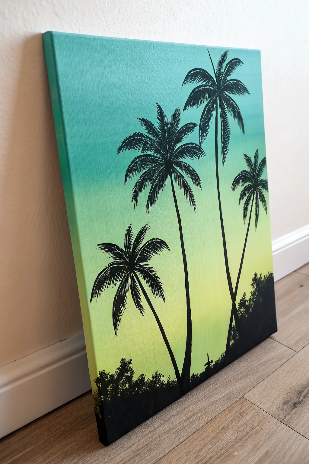 Lime-to-teal gradient canvas with bold black palms for an easy tropical statement