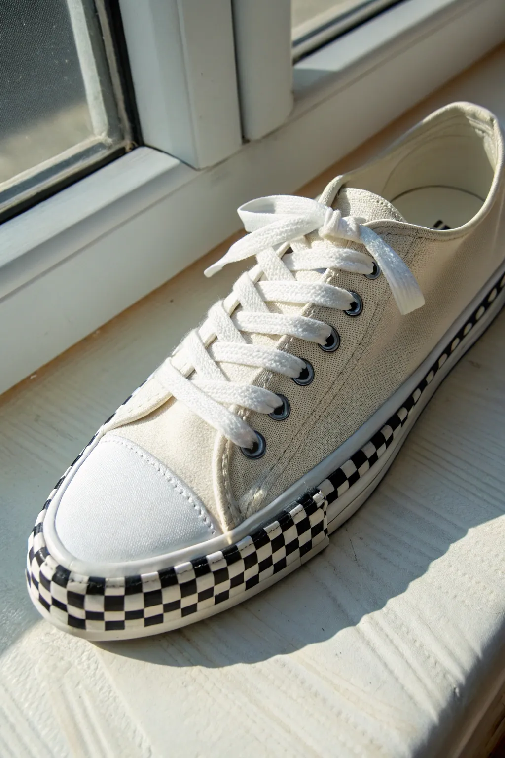 Minimal canvas sneaker with bold black-and-white checkerboard toe for an instant pop.