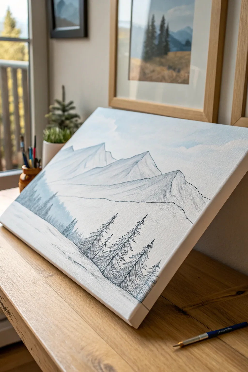 Simple mountain layers with pine linework and a cool sky, clean sketch-to-paint canvas idea