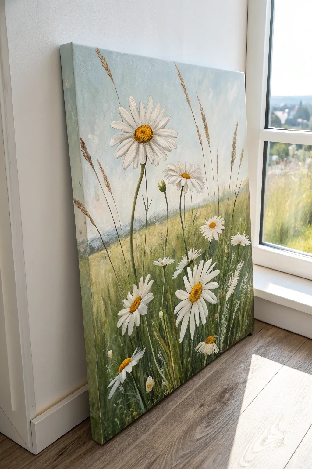 Loose brush dabs turn a wild daisy meadow into airy spring art with clean, boho minimal charm.
