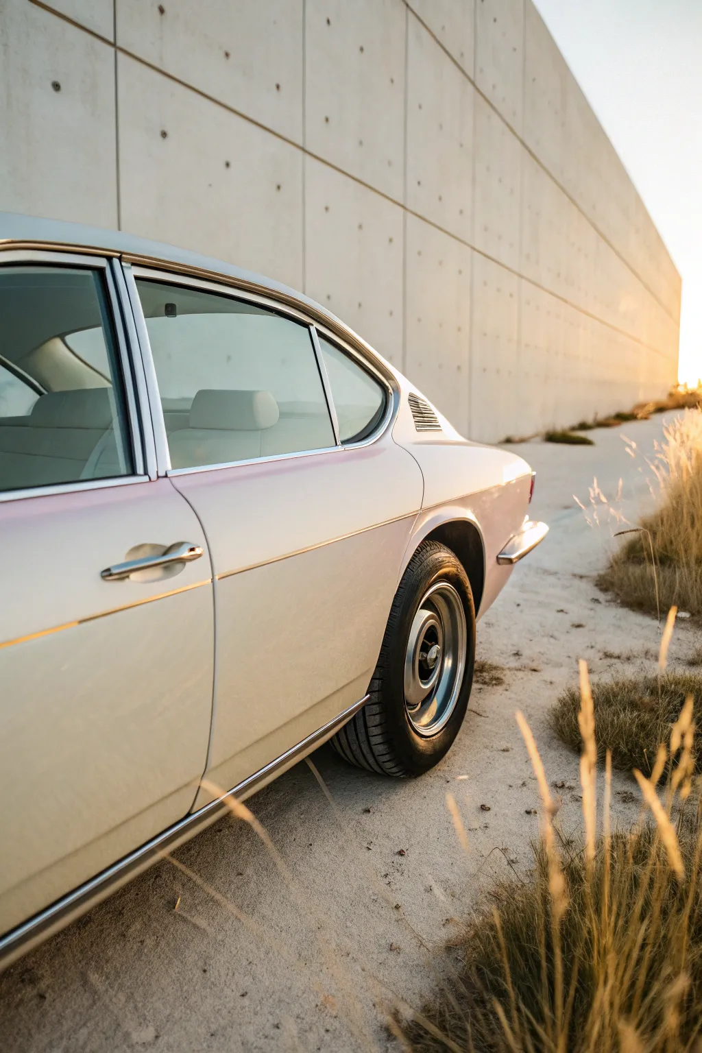 Pearl car paint at golden hour, softly shifting between warm and cool tones across curves.