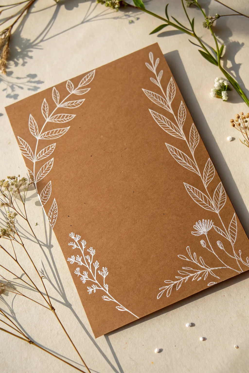 White pen botanicals on speckled cardboard, softly lit to highlight texture and contrast