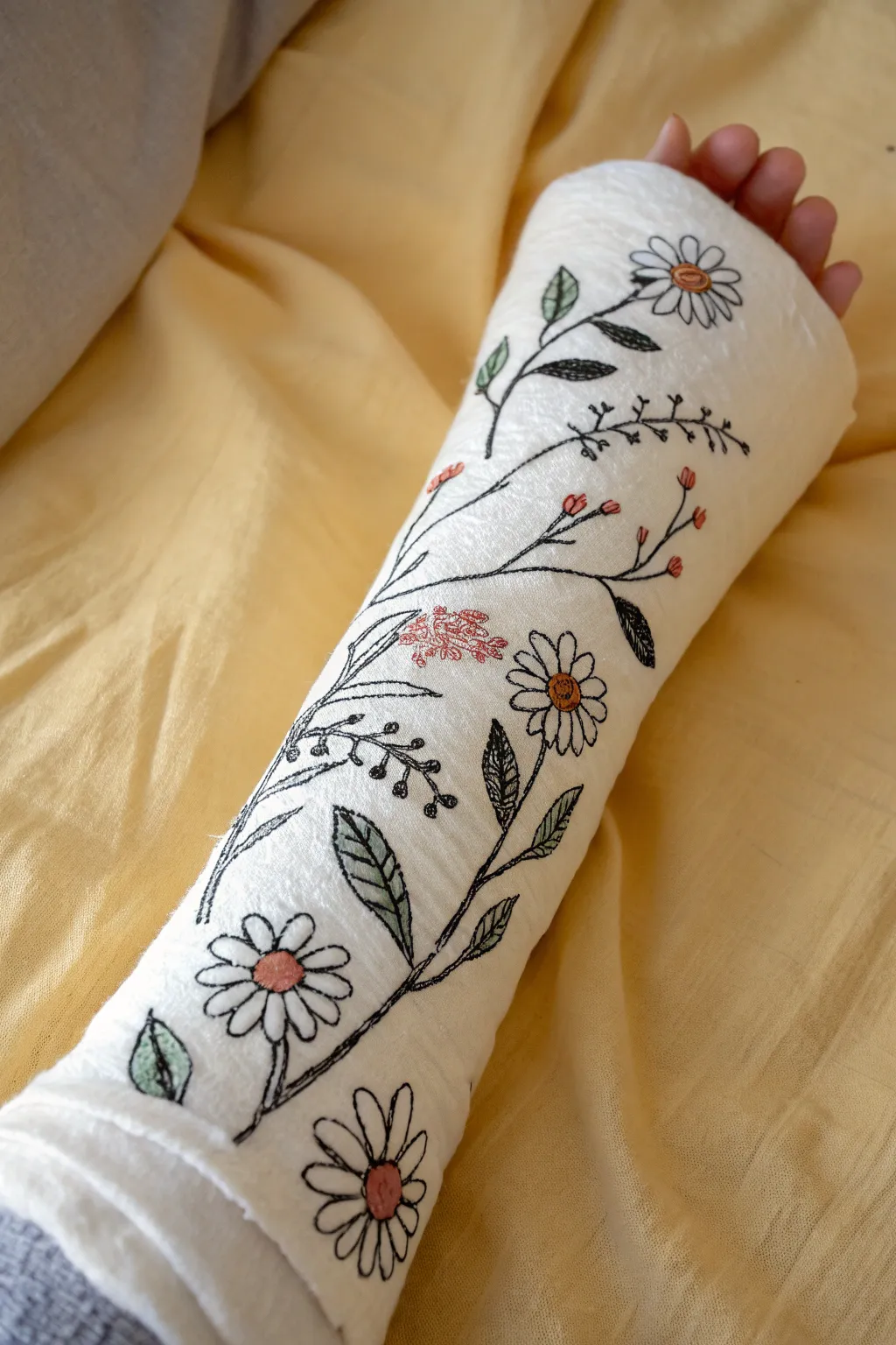 Simple floral vine wrap on a white cast, bold outlines and soft boho accents in close-up