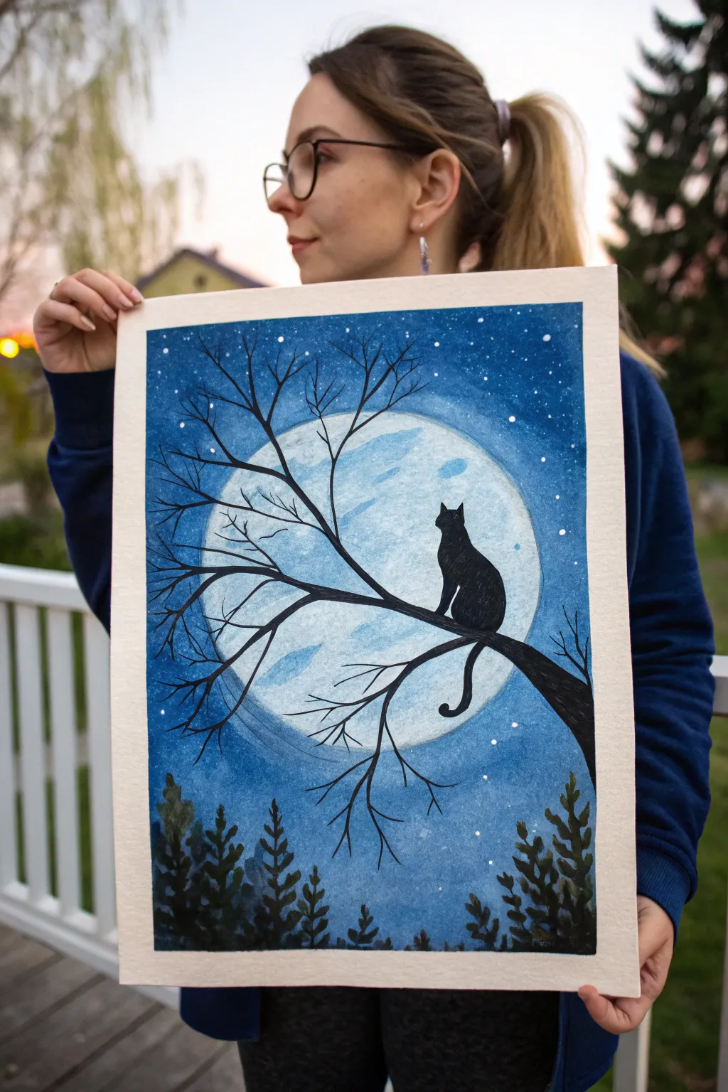 Serene night sky cat on a curving branch, minimalist boho watercolor inspiration.