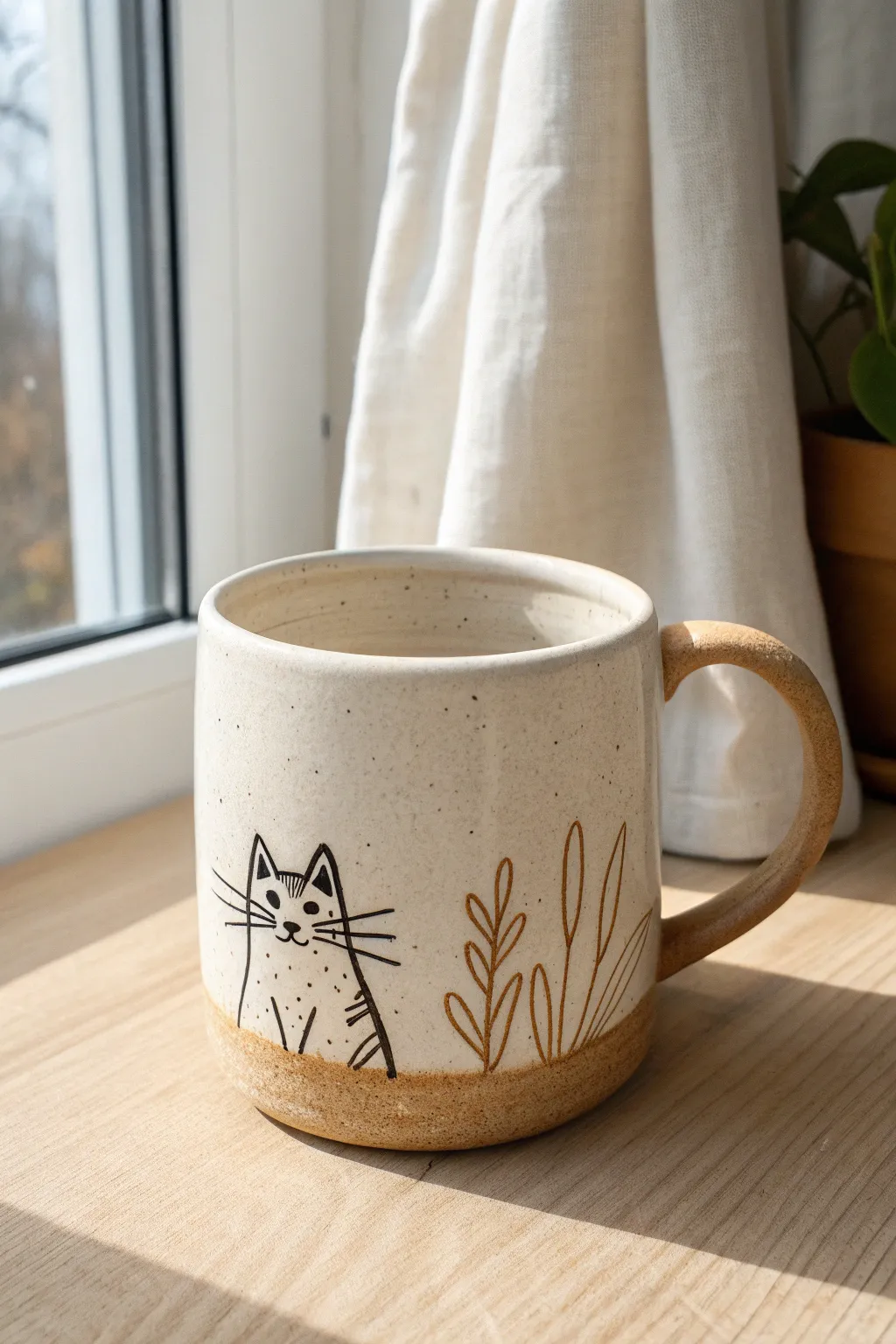 Peeking cat mug painting: paws on the rim for a sweet, minimalist pottery design.