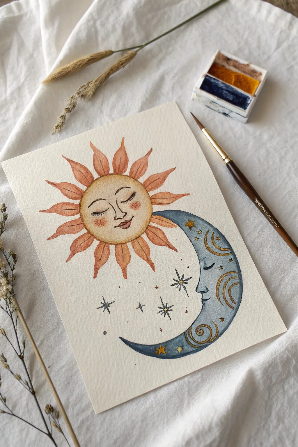 Sun and moon faces in warm gold and midnight blue, minimalist boho celestial art idea