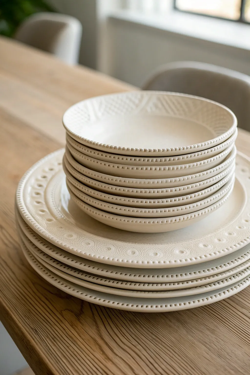 Minimalist handmade plates with stamped rims, calm Scandinavian tones and artisan detail.