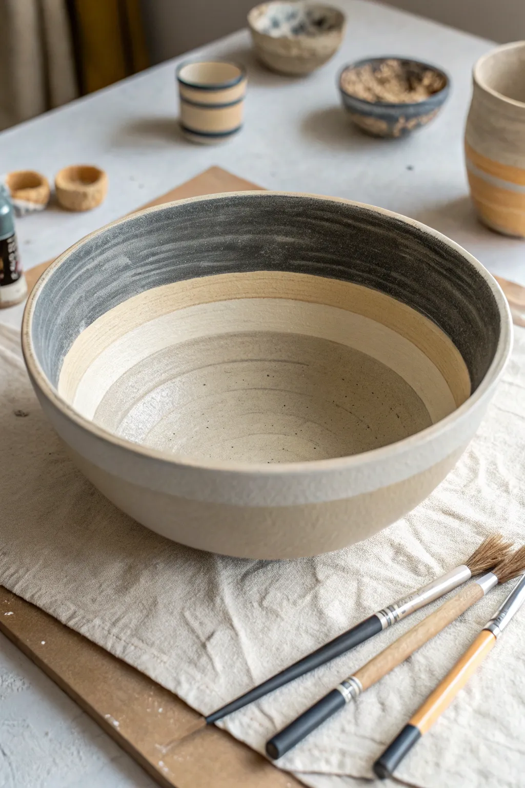 Clean masked stripes in progress, with a small inset of the finished bowl for easy inspiration.