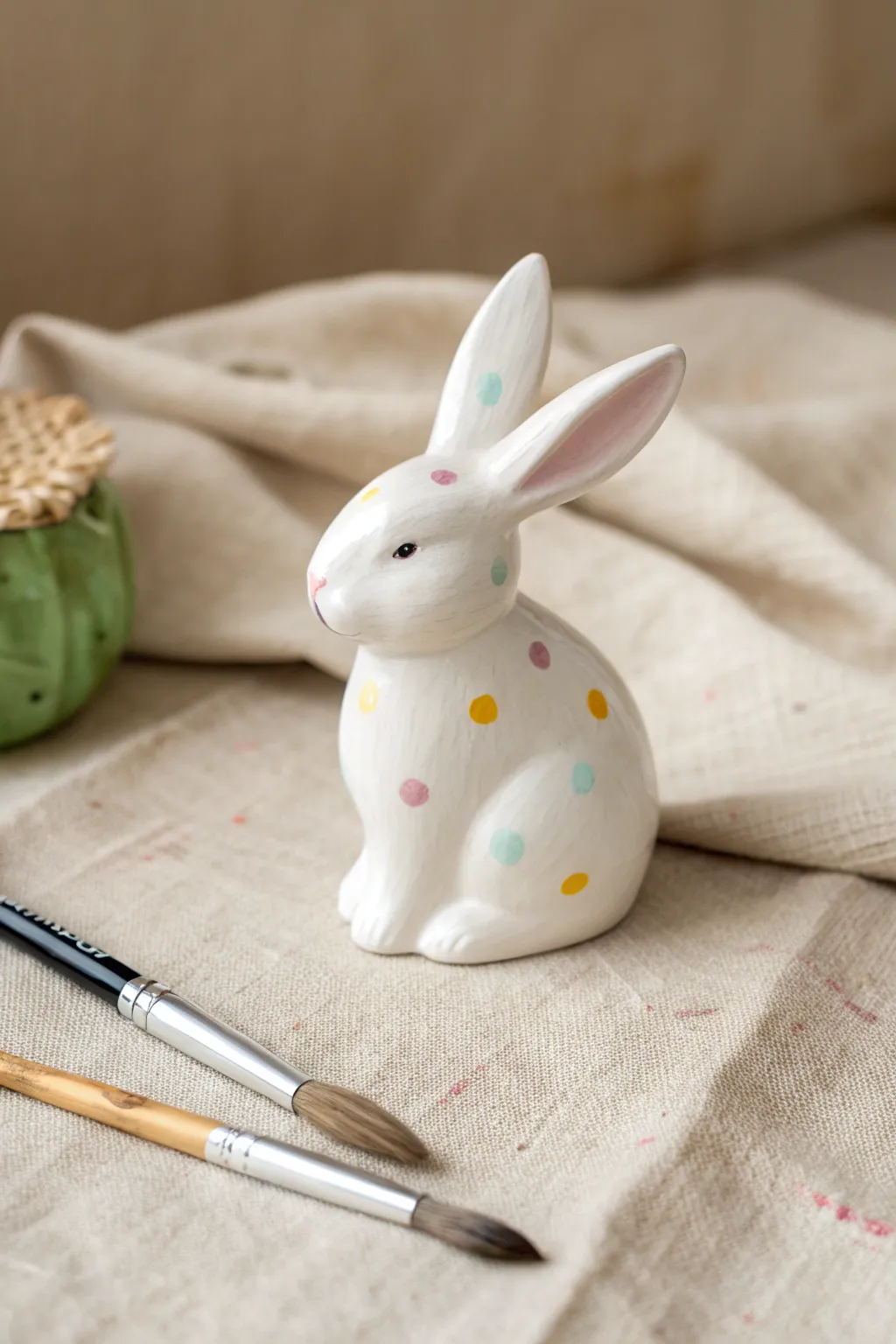 Spring pastel polka dots on a white ceramic bunny, with brush and dotting tool details