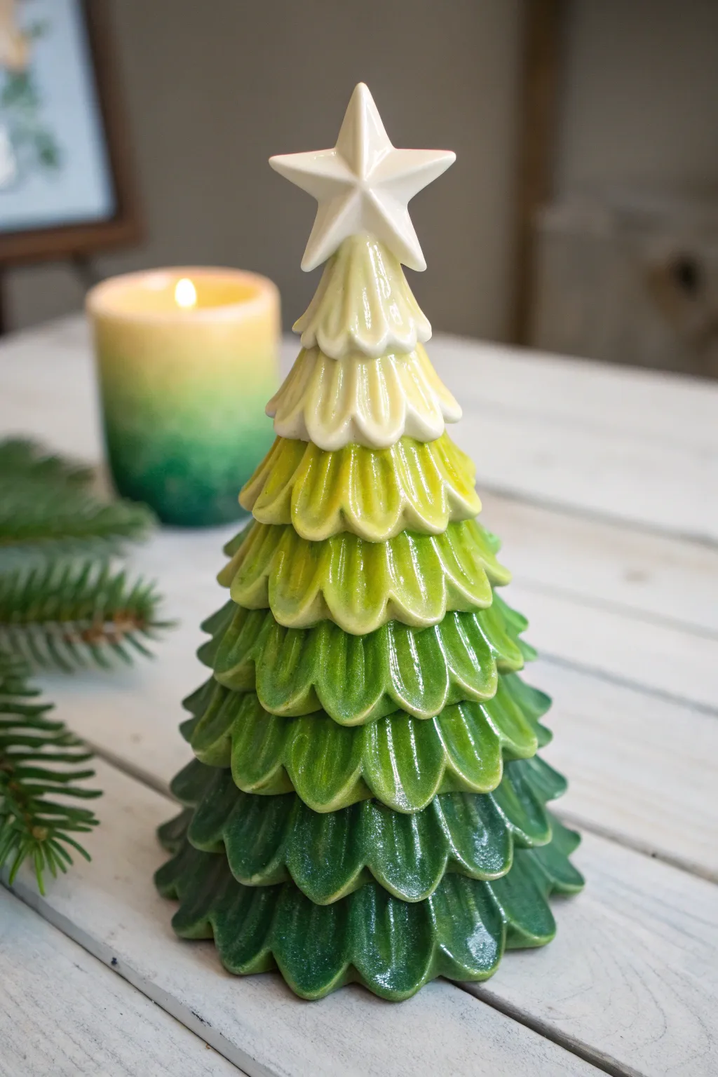 Multi-green ombre ceramic tree fading from forest base to bright tips with a crisp star topper