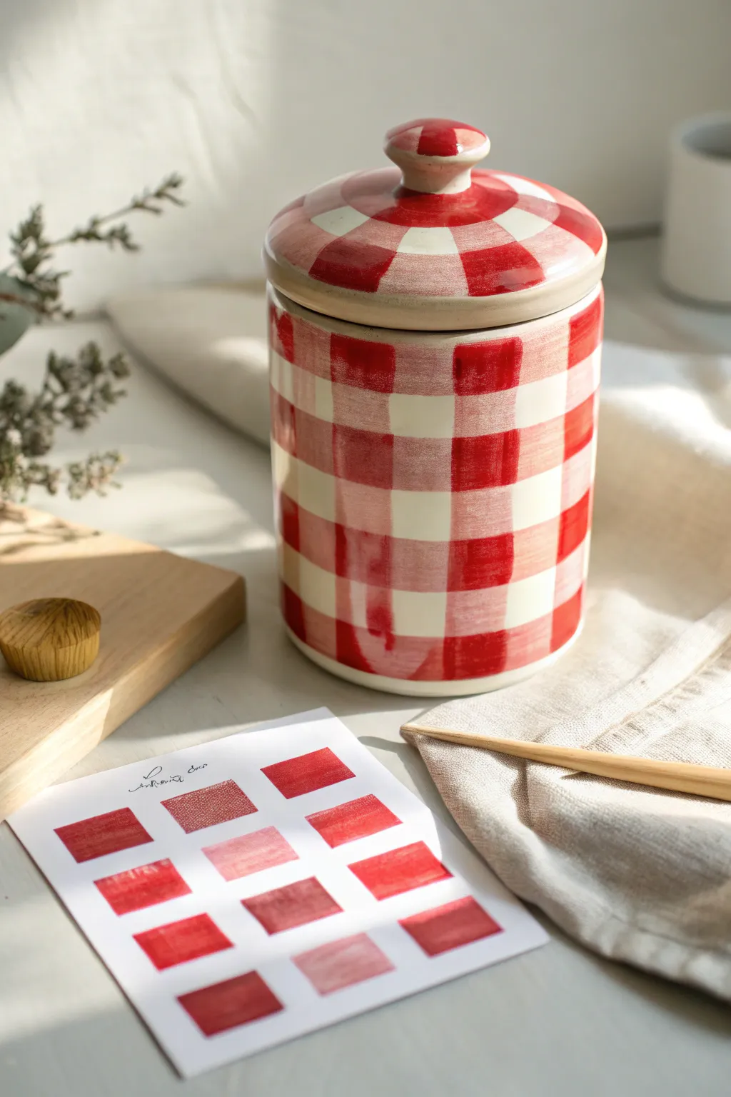 Hand-painted red gingham cookie jar with lid on, plus a swatch card showing two red tones.