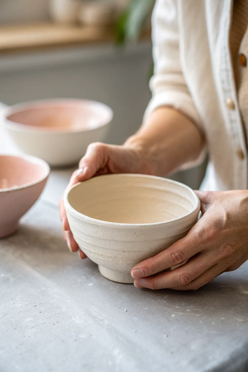Pinch pot bowl in progress, with a softly glazed finished version nearby for everyday inspiration.