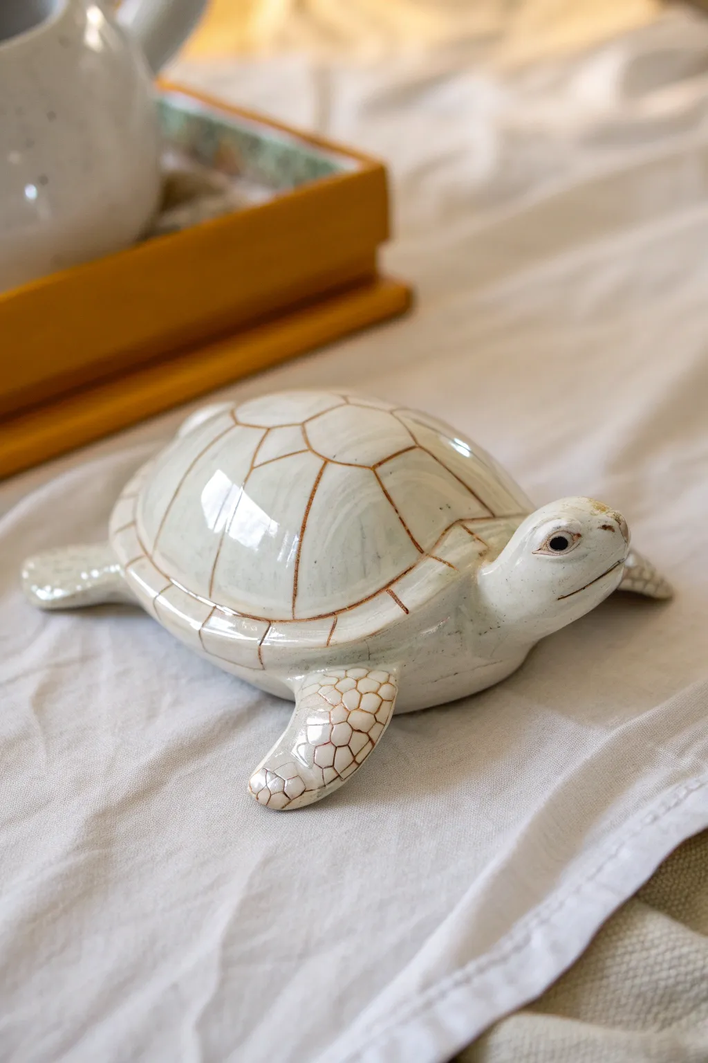 Glossy shell, velvety matte skin: a ceramic turtle close-up that celebrates texture contrast