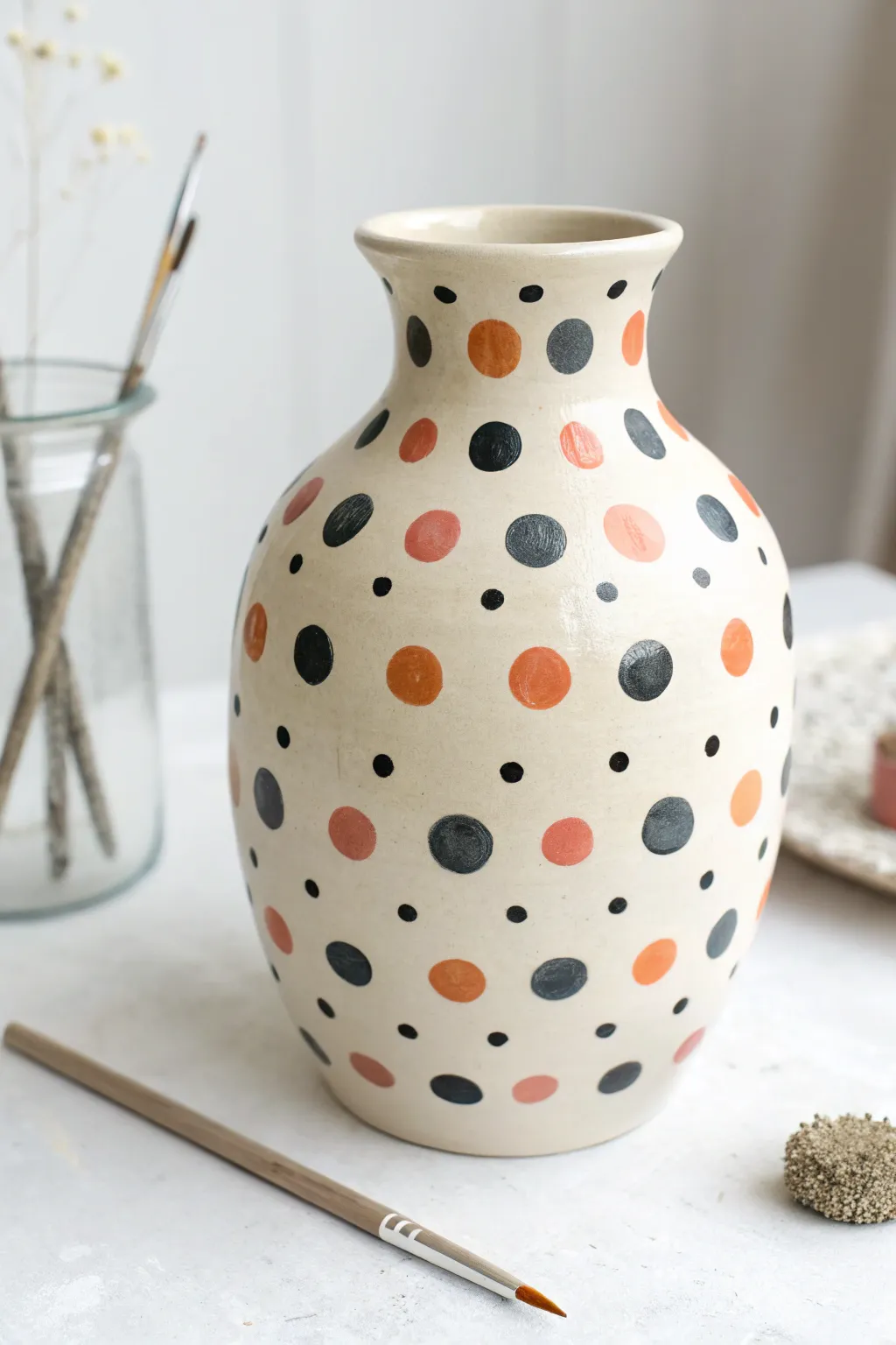 Playful polka dot vase: tiny-to-jumbo dots in chic neutrals, perfect for easy DIY painting.