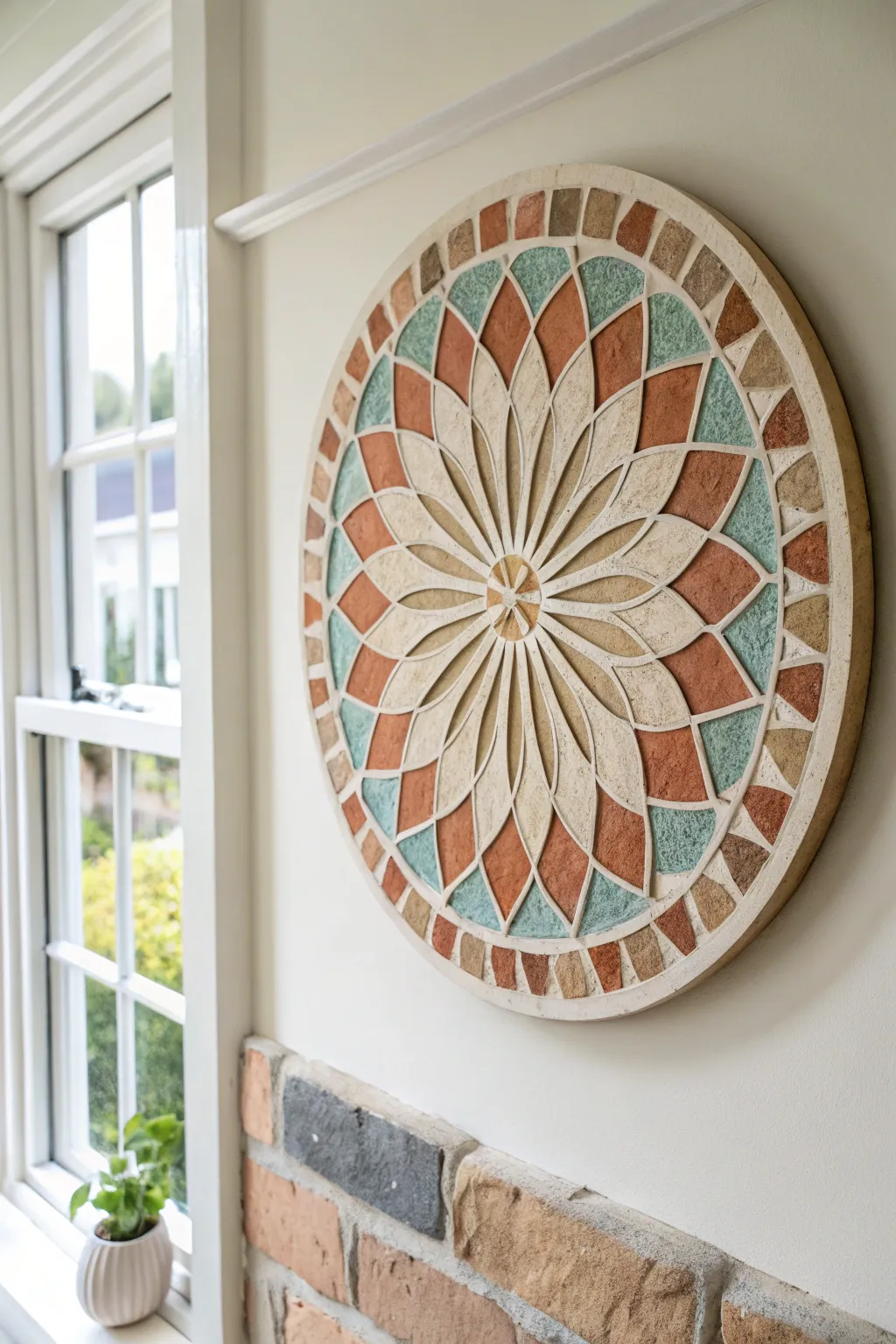 Handmade mosaic medallion from broken ceramics, glossy shards and clean grout on a calm wall