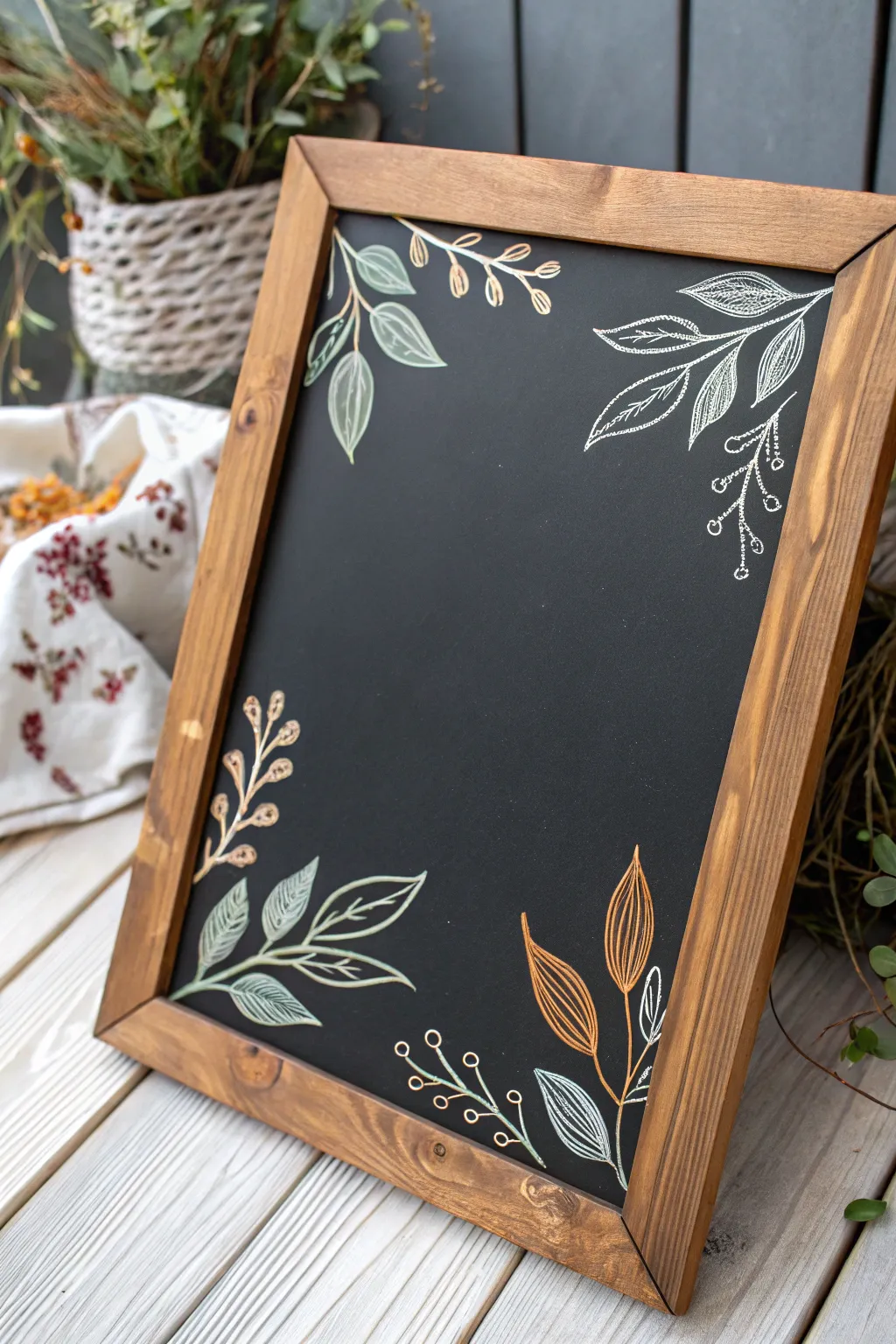 Chalk marker floral corner frame on black board, crisp contrast with a clean blank center.