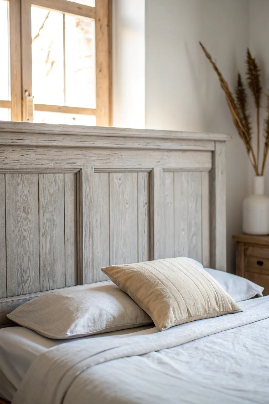 French gray wash chalk-painted headboard with soft grain, calm matte finish in window light