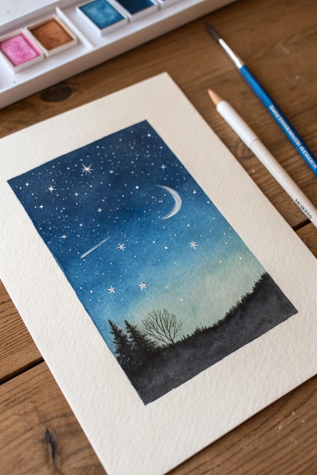Chalk pastel starry night idea: deep midnight gradient with softly smudged halos and moon glow