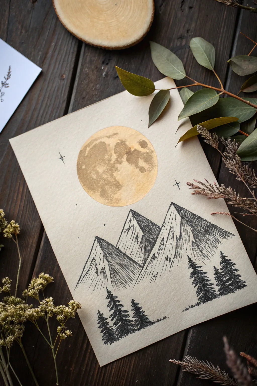 Blend a glowing moon behind bold charcoal peaks for a dreamy, misty pastel nightscape.
