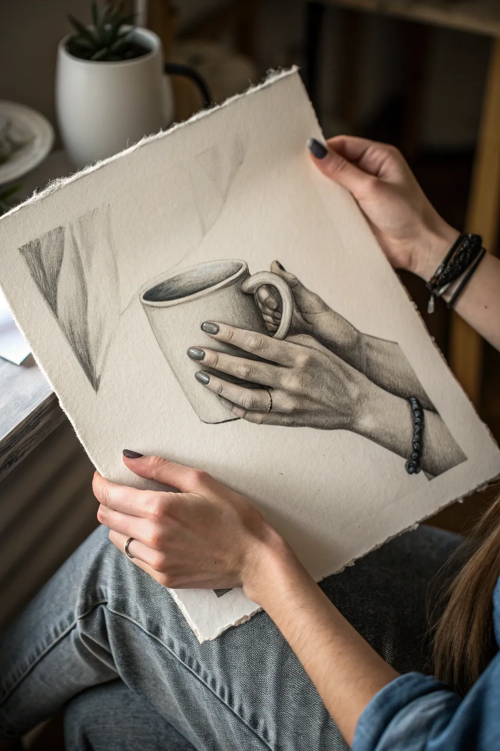 Charcoal hands holding a simple mug, showcasing soft blends, clean edges, and bold contrast