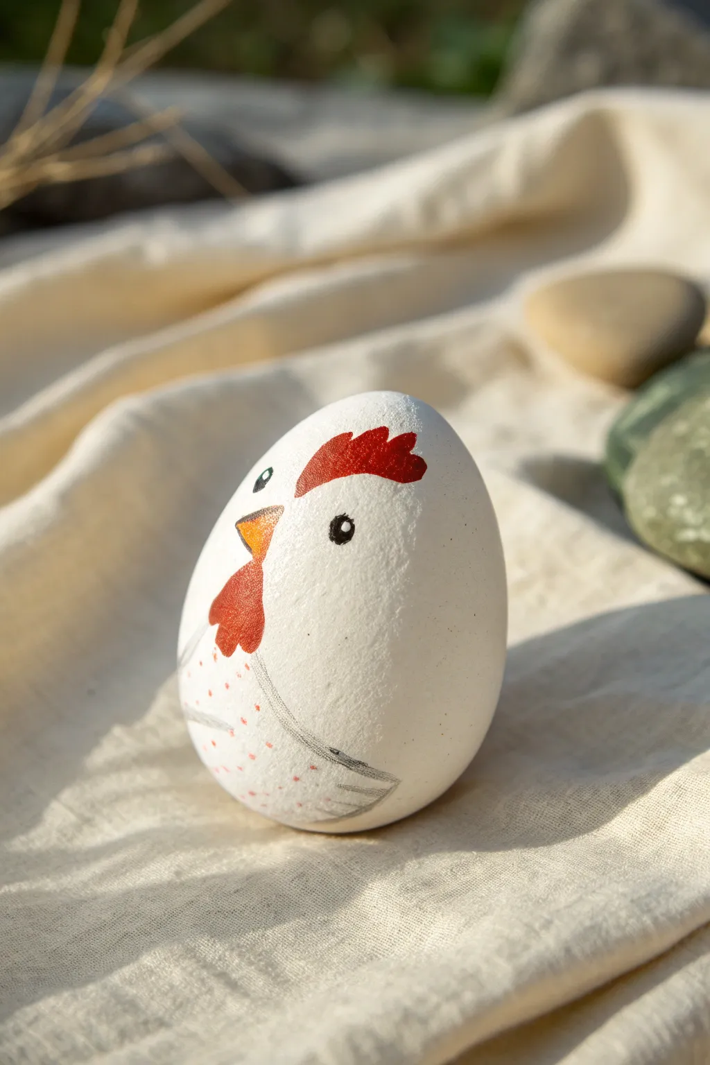 Simple white hen rock painting with red comb, clean airy Scandinavian boho aesthetic