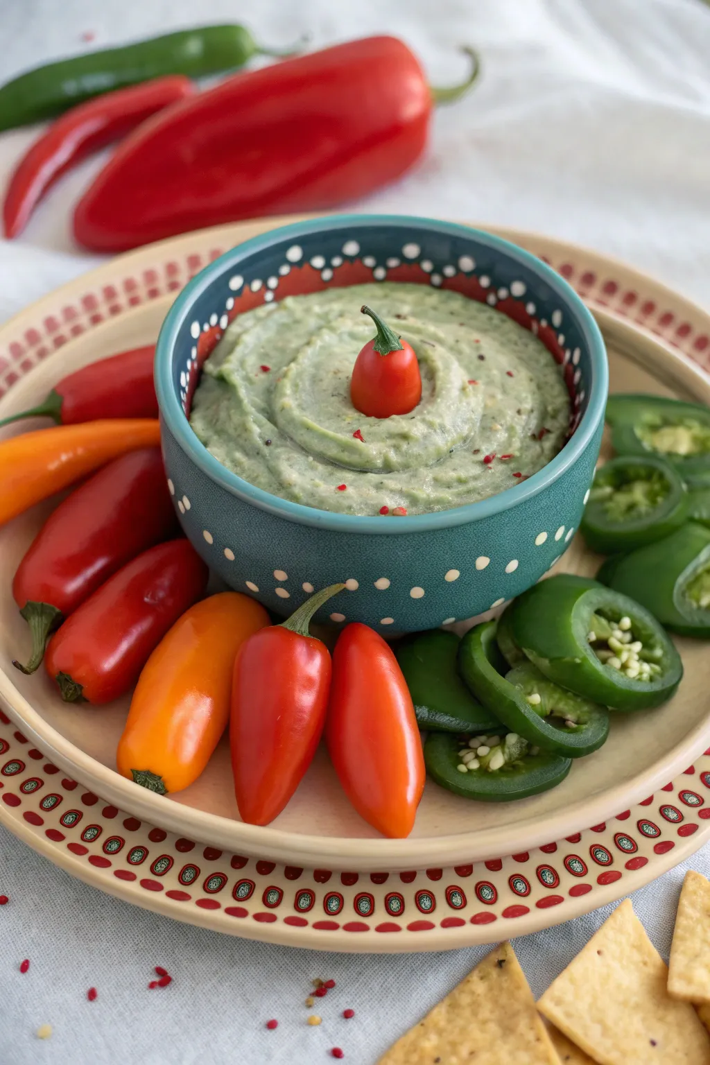 Fiesta pepper wreath chip and dip bowl with a bold dip center dotted like tiny stars for parties