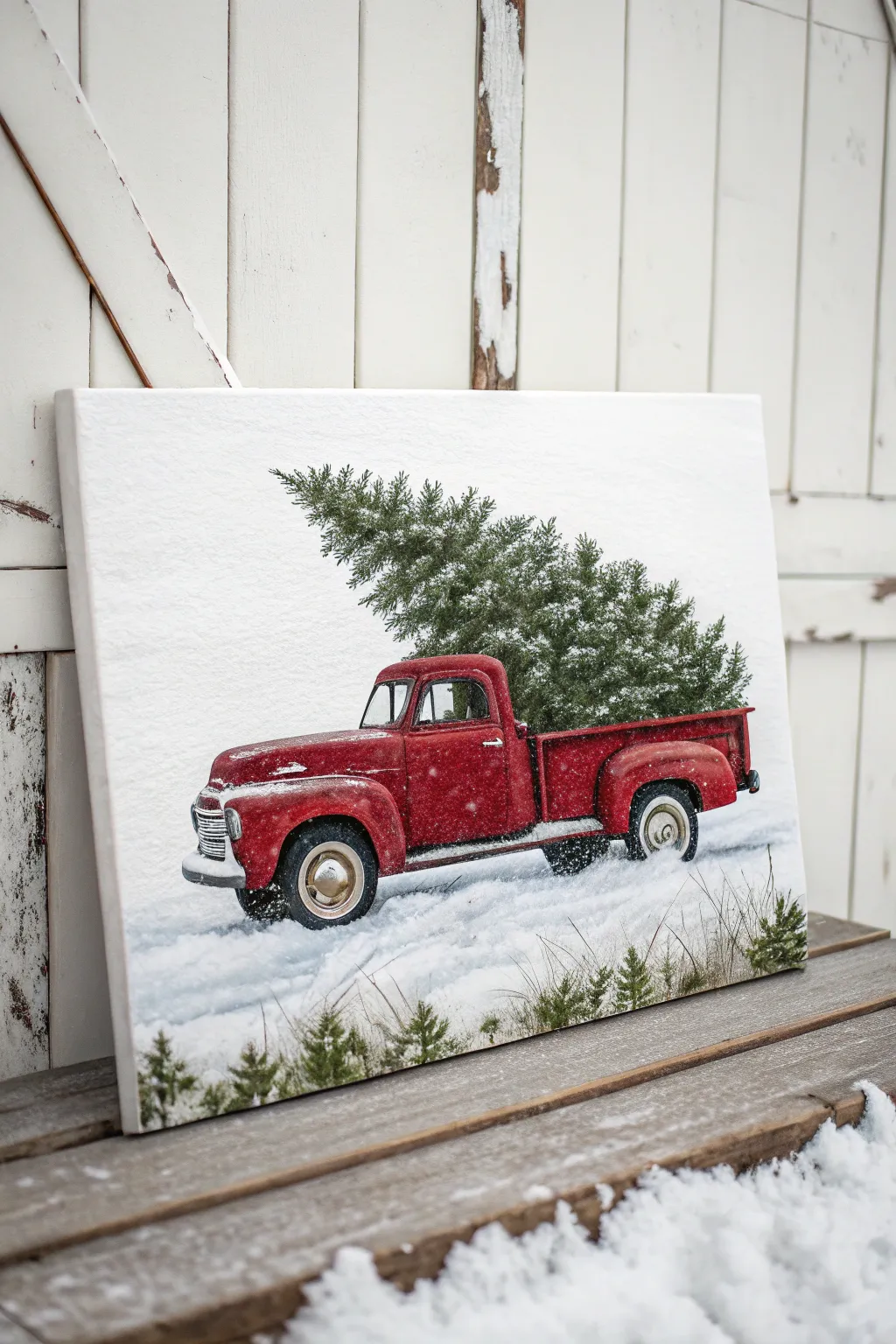 Paint a cozy classic! This vintage red truck canvas is the perfect holiday DIY project. 🎨🌲