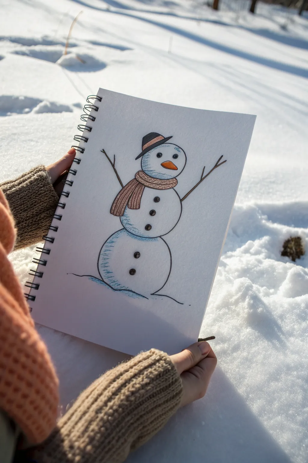 Cozy snowman from three circles with scarf, stick arms, and a soft shadow on snowy ground