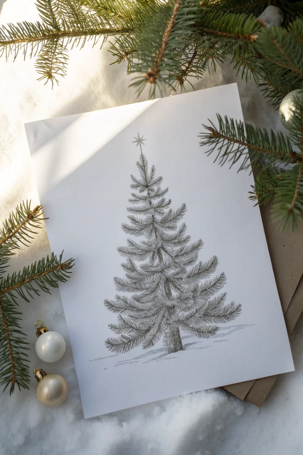 Layered pencil needles and soft snow highlights for a calm, realistic Christmas tree sketch.