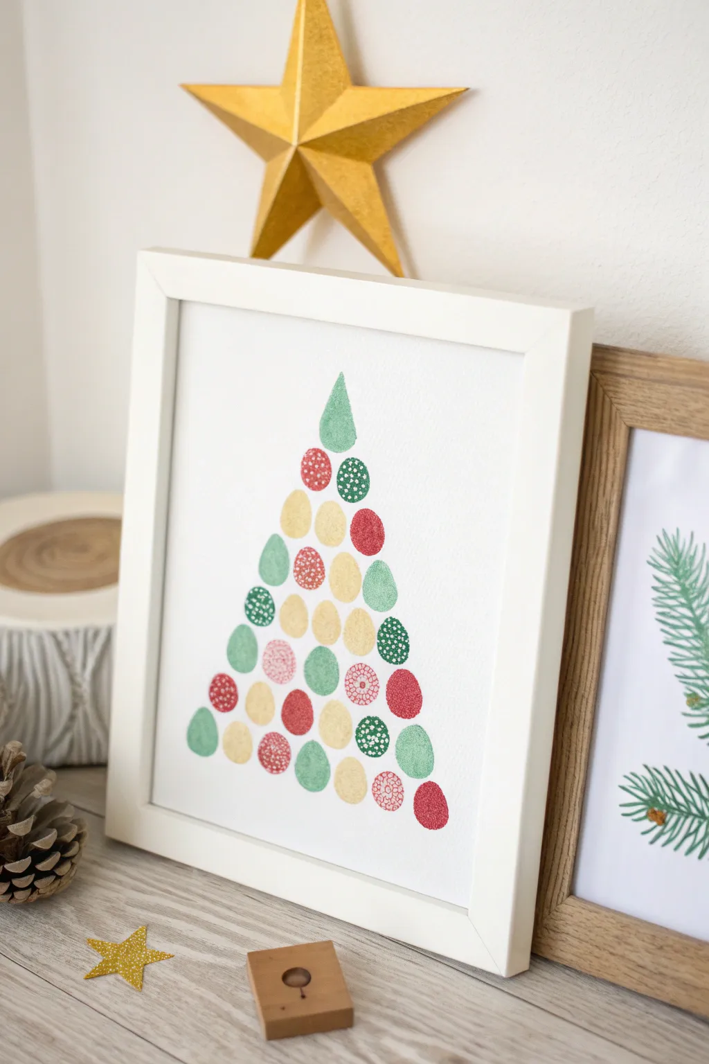 Easy fingerprint Christmas tree triangle with colorful ornaments for cozy minimalist decor.