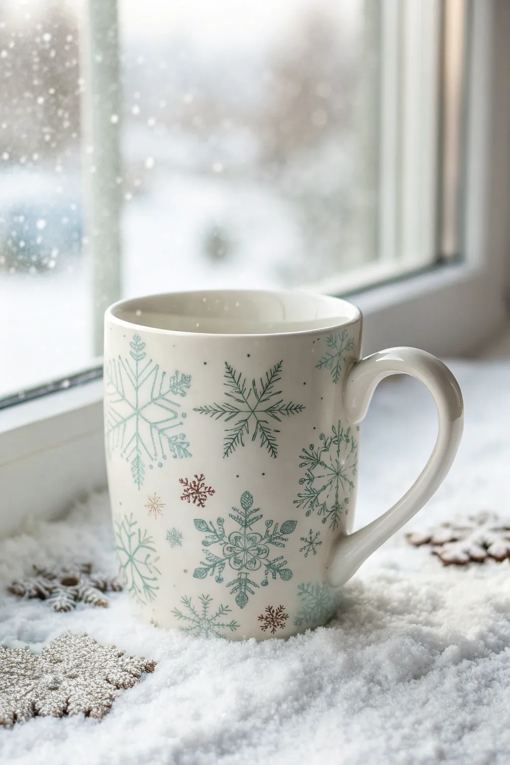 Delicate wraparound snowflakes on a white mug, minimalist winter palette with soft faux snow.