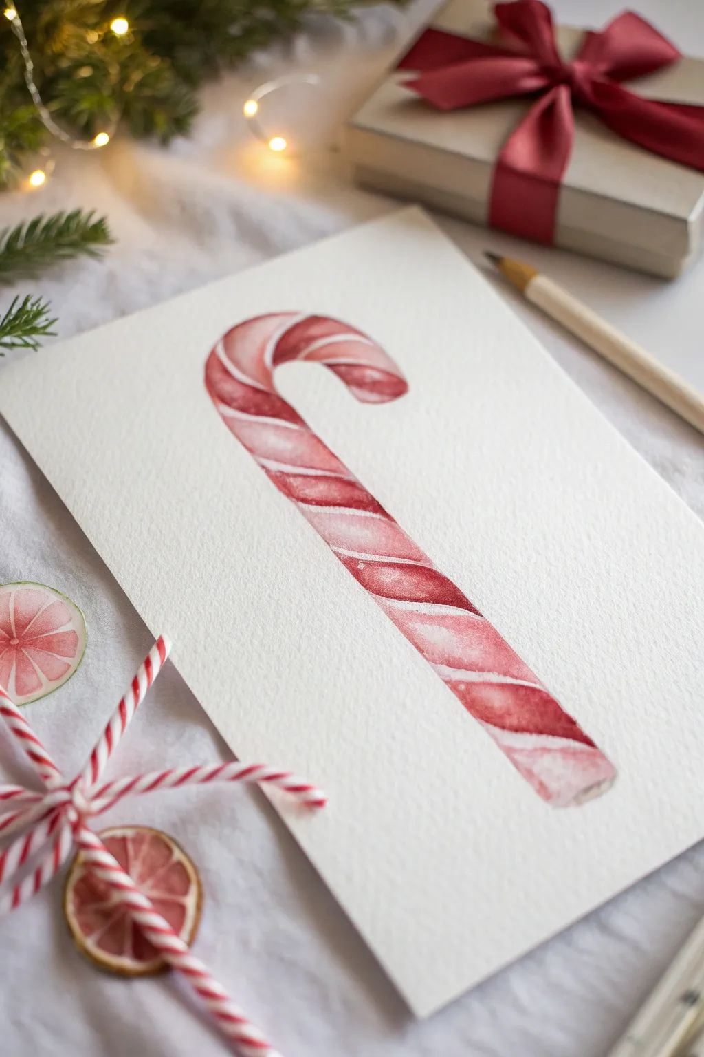 Bold candy cane stripes on soft blush paper for an easy, minimalist Christmas painting idea