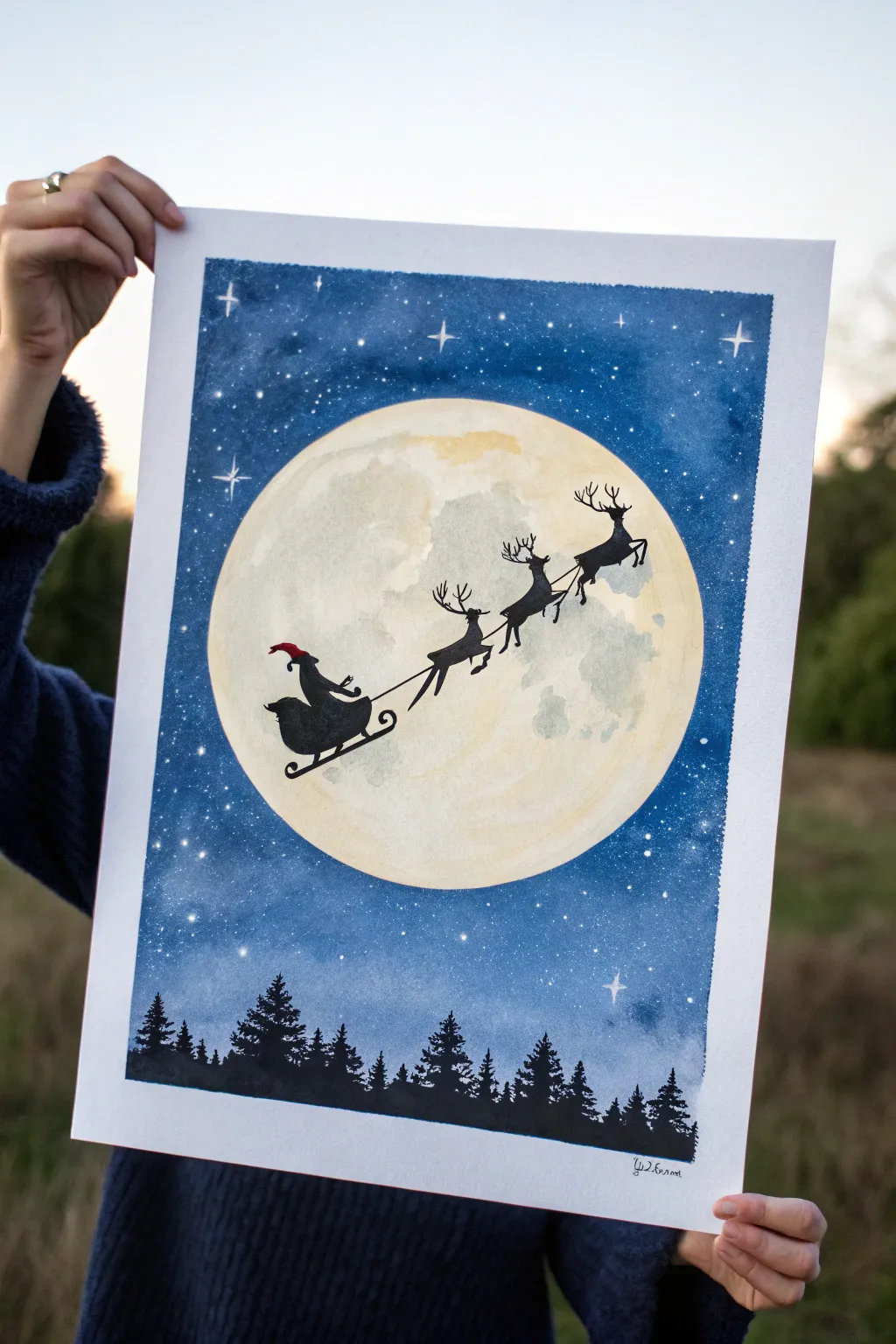 Moonlit Santa sleigh silhouette, minimalist Scandinavian Christmas painting idea with deep blue contrast.