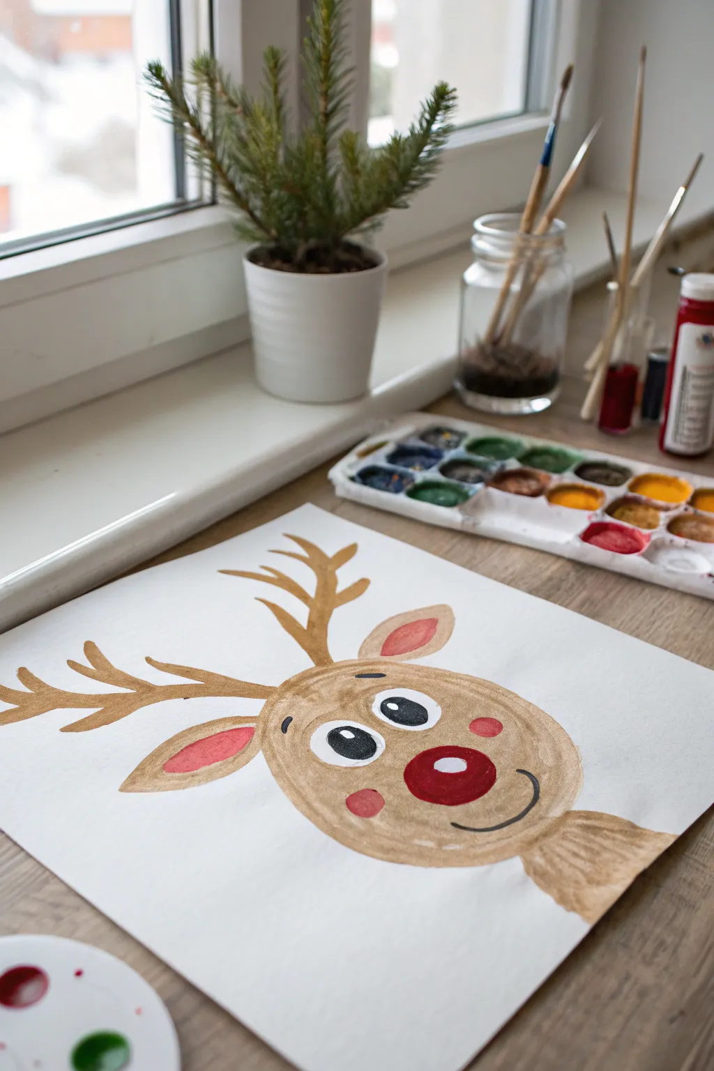 Kid-friendly reindeer portrait with a bright red nose, minimal Scandinavian Christmas vibe
