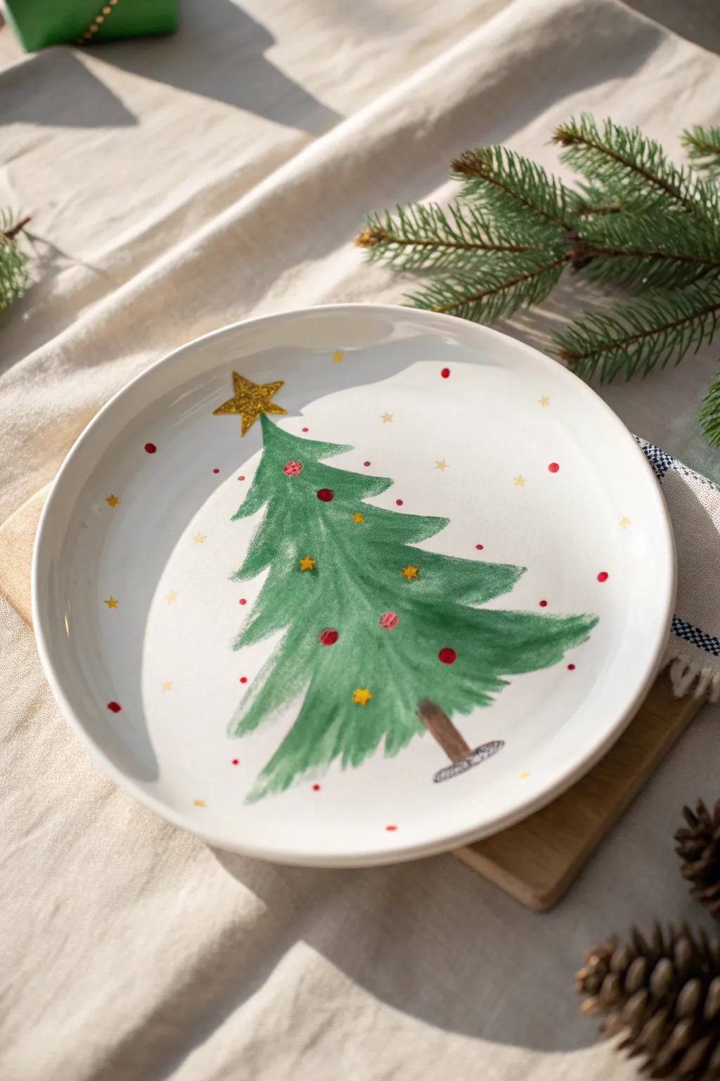 Minimal Christmas tree plate with dot ornaments and a tiny star, crisp contrast and cozy Nordic calm