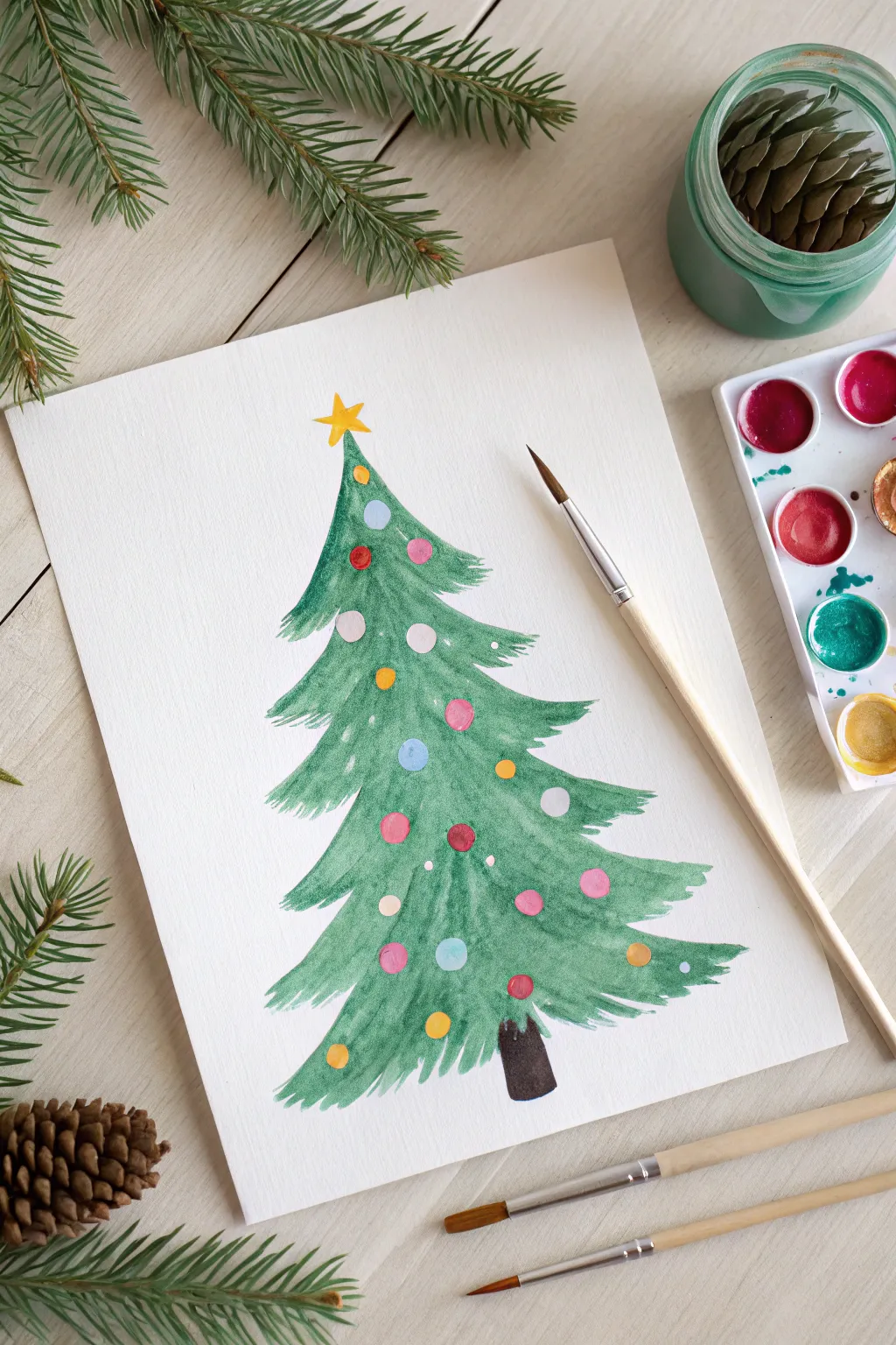 Minimalist Q-tip dot ornament tree painting with bright pops of color on white paper