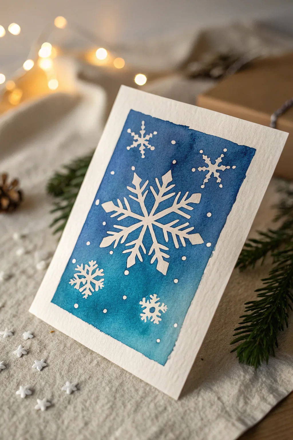 Bold blue wash and crisp negative-space snowflakes make a minimalist watercolor Christmas card.