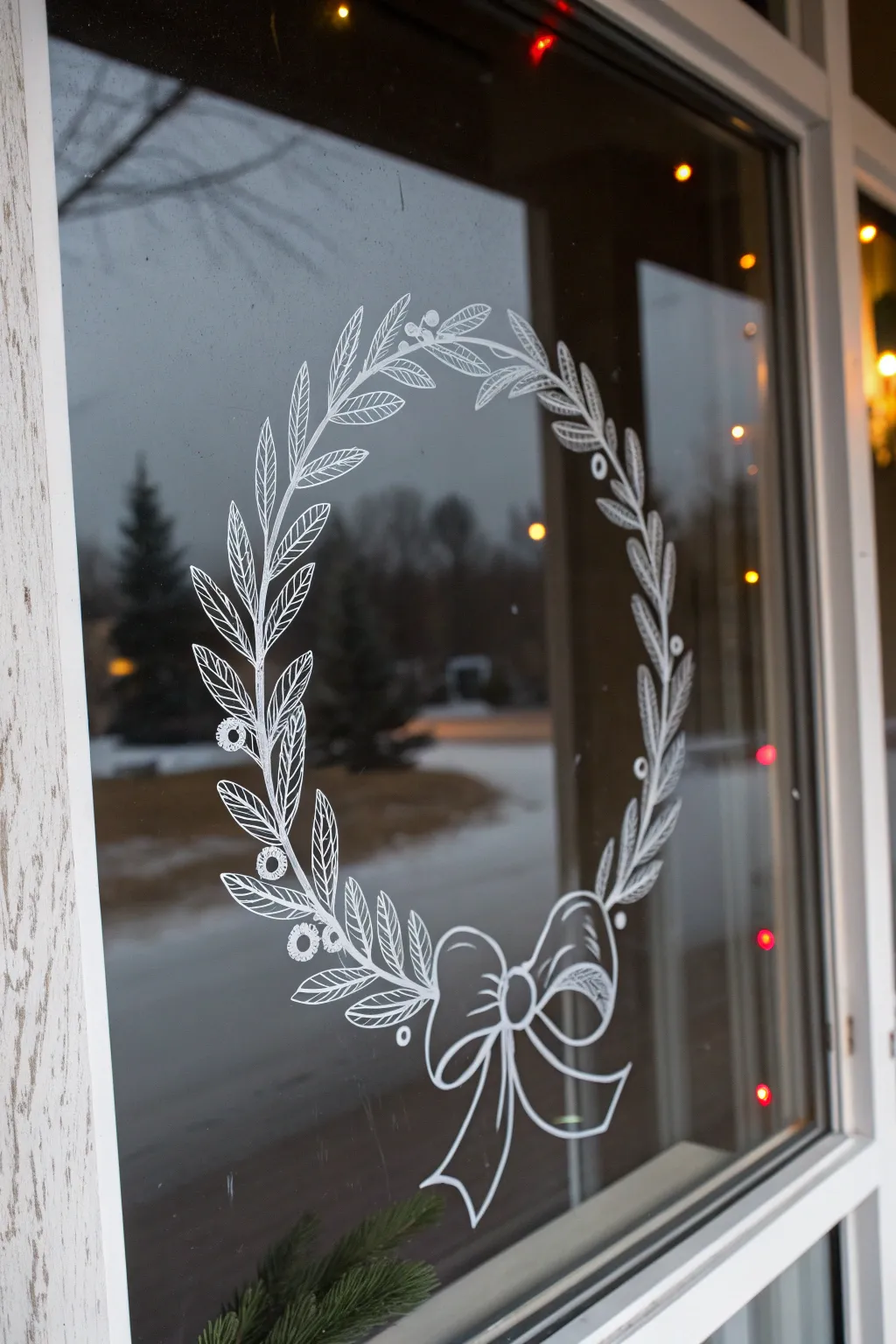 Big centered wreath on a window pane, pine-needle strokes, simple bow, berries, and soft sparkle.