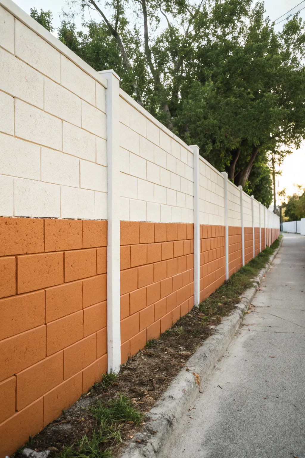 Two-tone color blocking elevates a cinder block fence with clean lines and soft boho warmth.