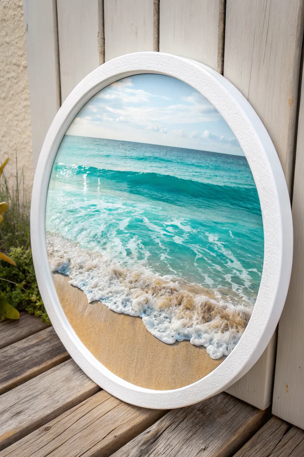 Ocean porthole circle canvas with turquoise water, foamy wave line, and warm sand